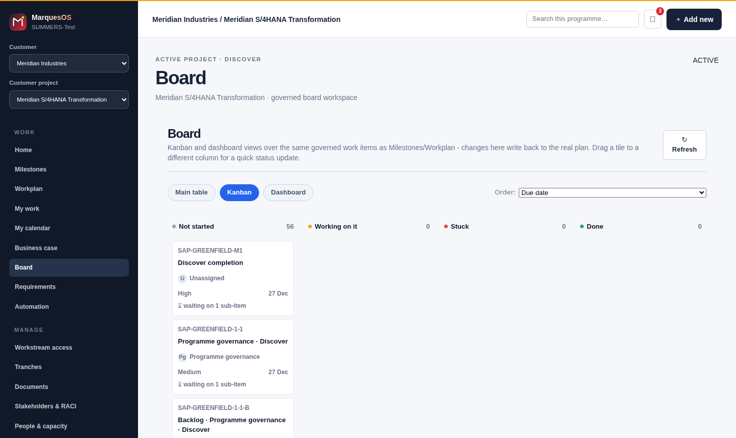 MarquesOS governed delivery board showing work items across status columns