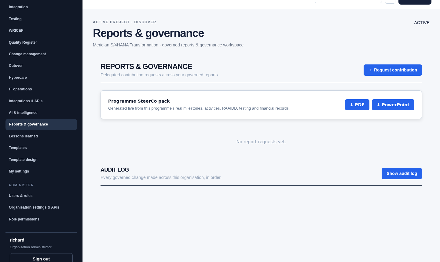 MarquesOS live reporting pack showing programme status generated from real delivery data
